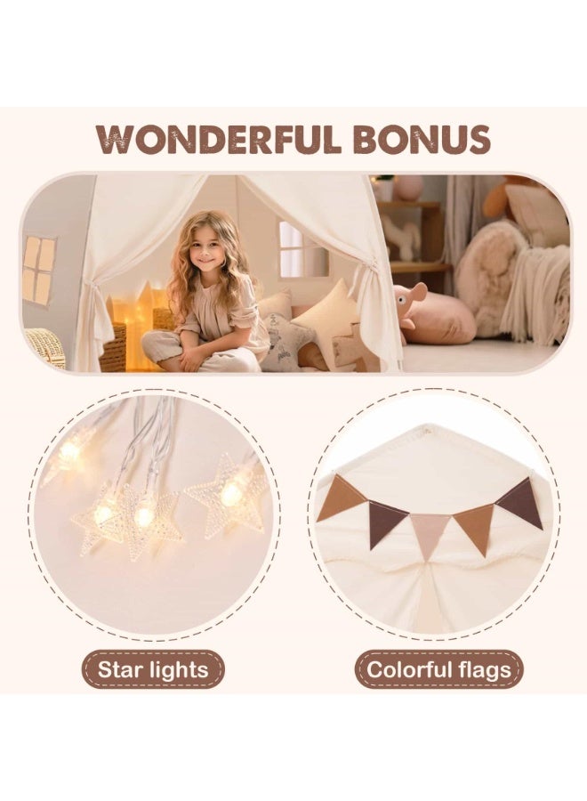 Extra Large Kids Play Tent with Flags & Star Lights - Portable Foldable Teepee Playhouse for Boys Girls Indoor Outdoor 150×100×150cm（Cream） - Image 3
